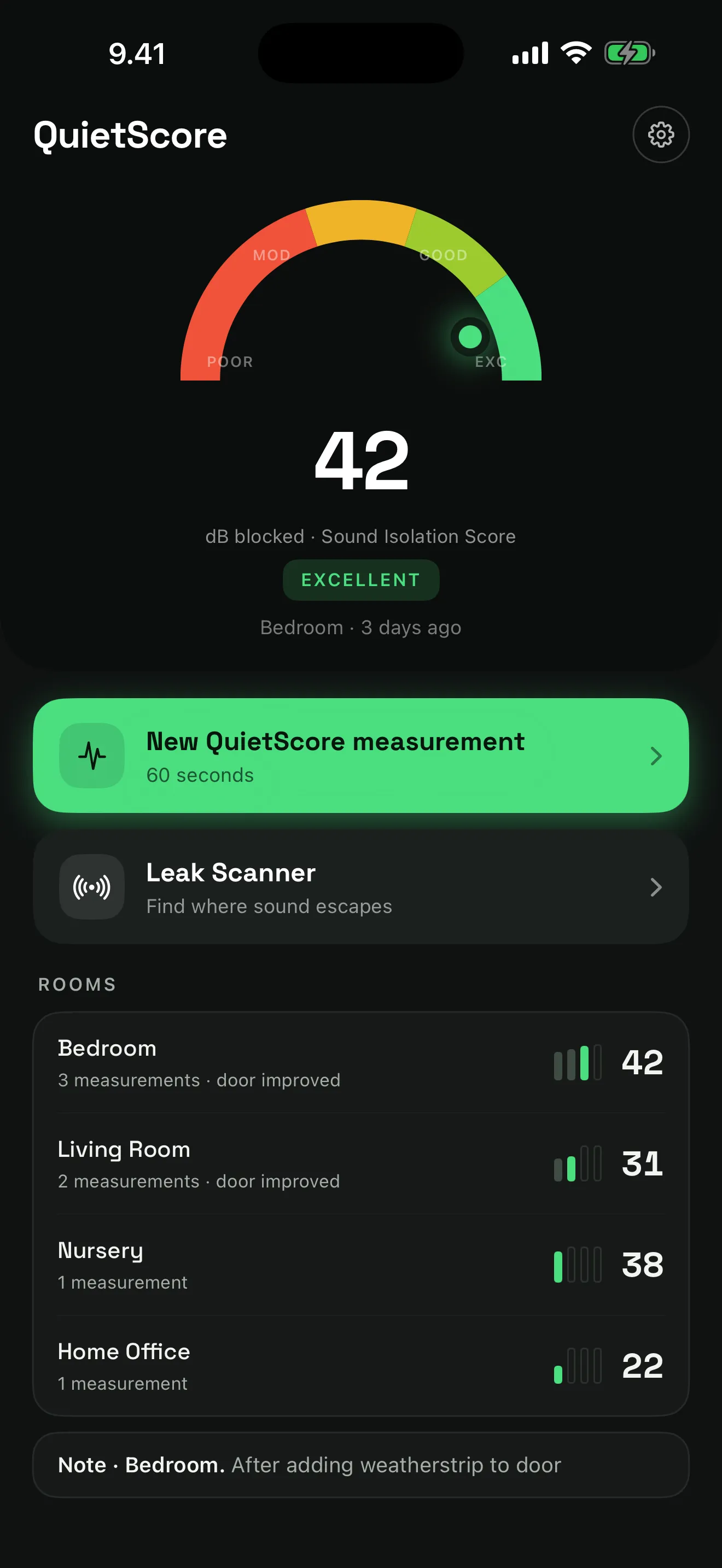 QuietScore home screen, dark